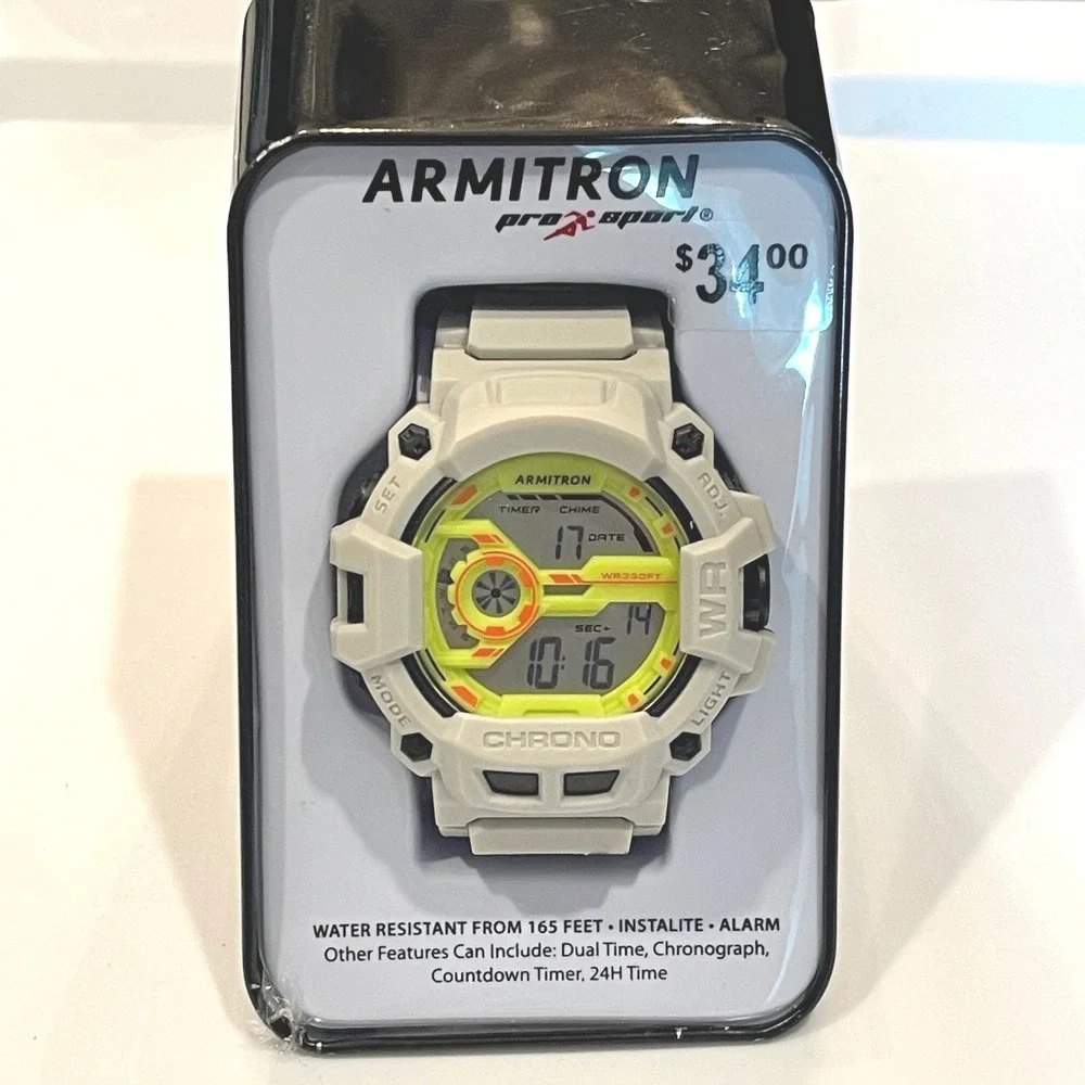Armitron Pro Sport Mens Digital Chronograph Watch Grey‎ Neon Yellow NEW